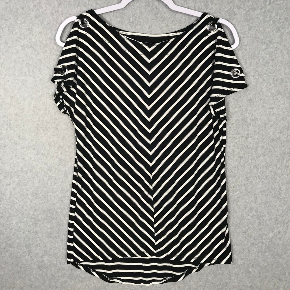 Cable Gauge‎ Top XS Black Tunic Soft Flowy Stretch Cold Shoulder Silver Grommet